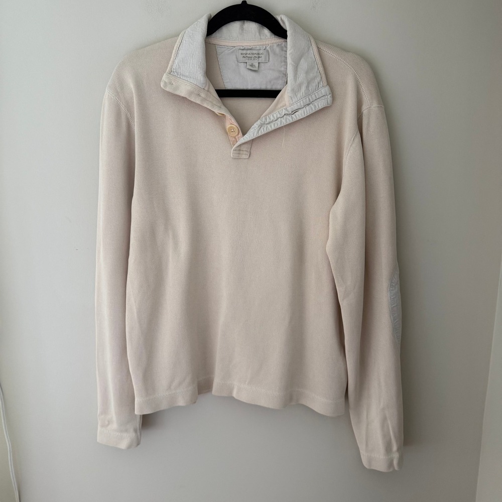 Banana Republic Mens Cream Ribbed Cotton Pullover Elbow Patch Sweater M